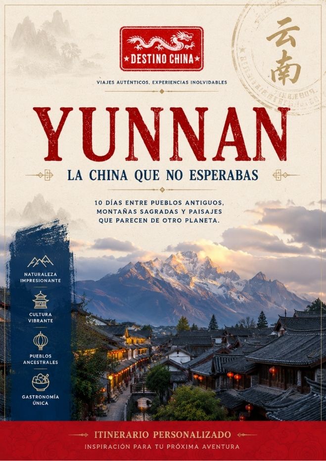 cartel de un itinerario personalizado a Yunnan China con fondo un pueblo y montañas y el titulo en letras rojas