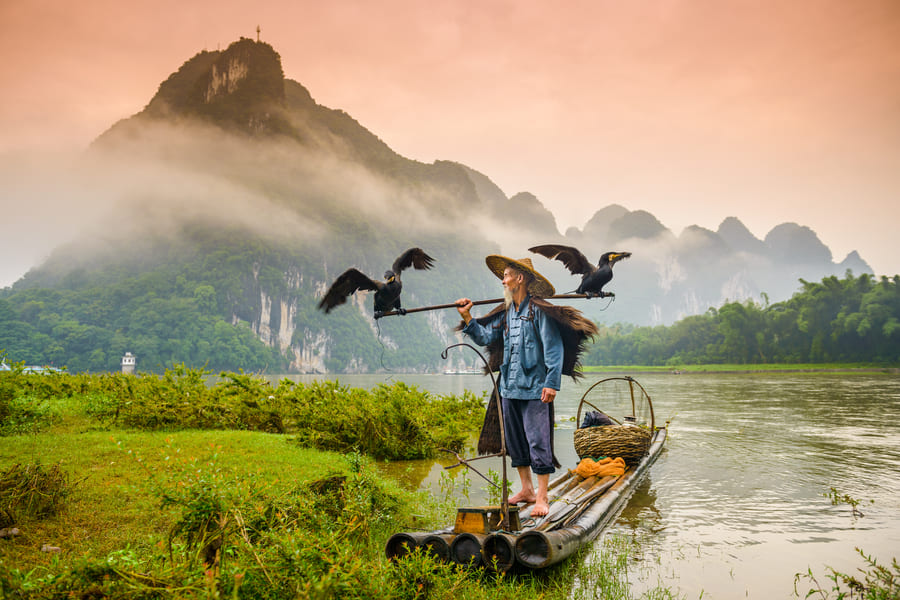 Pescador tradicional con cormoranes en balsa de bambú frente a montañas con niebla en Yangshuo.