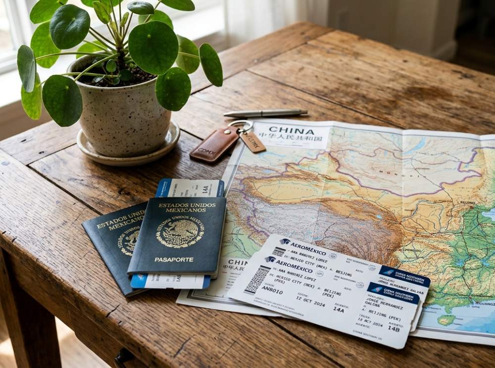 pasaportes mexicanos junto a un mapa de China y unos boletos de avión, están sobre una mesa de madera con una planta